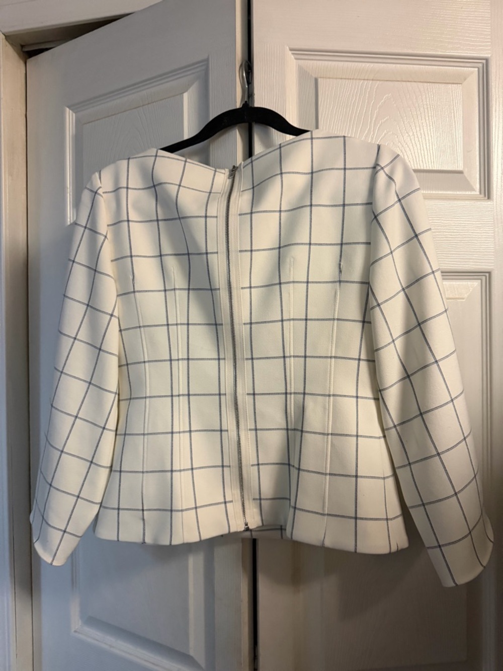 Tibi Cream Blouse with Blue Windowpane Plaid and Ruched Cuffs - Picture 6 of 7